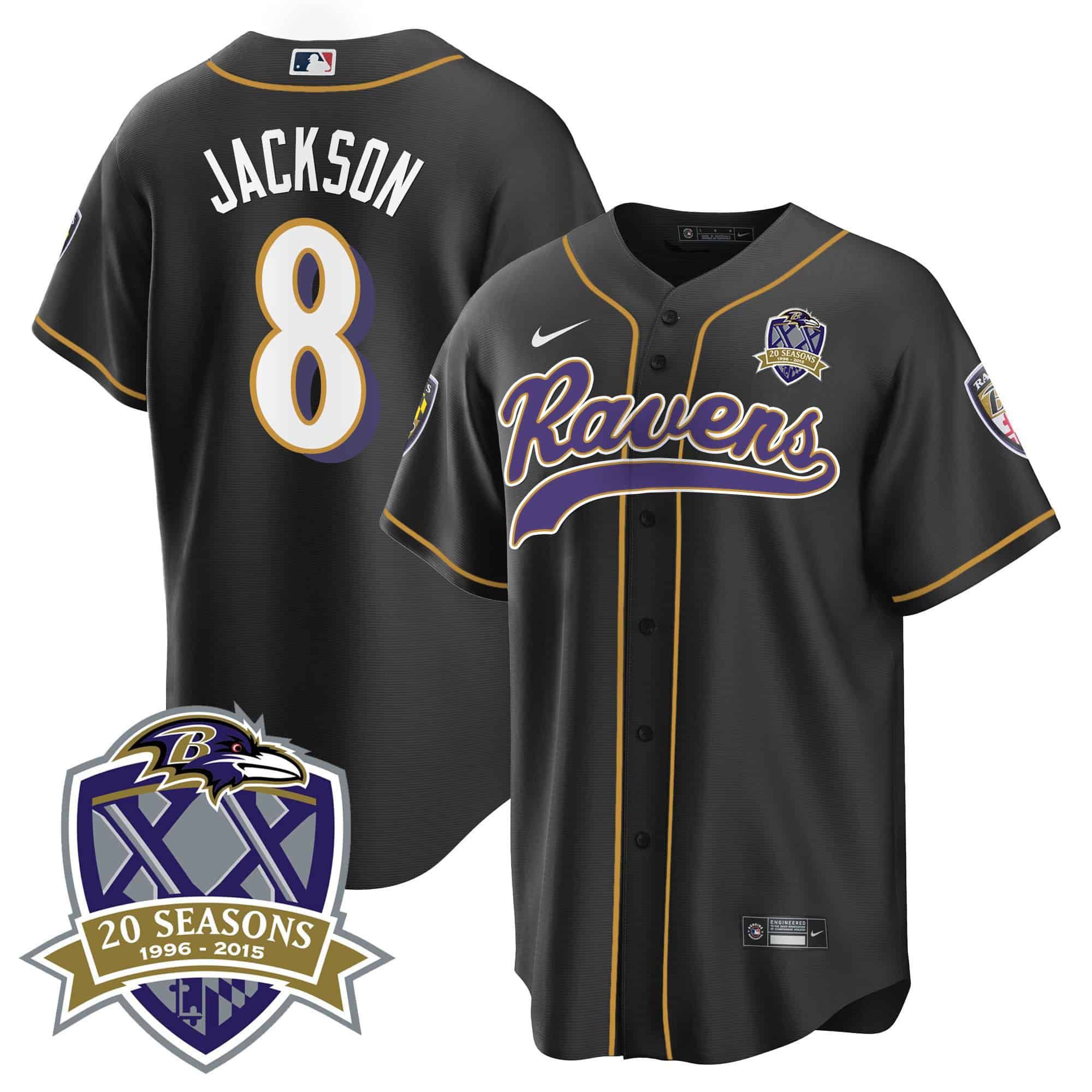Men Baltimore Ravens 8 Jackson Black 2024 Nike 20th Season Patch Baseball NFL Jersey